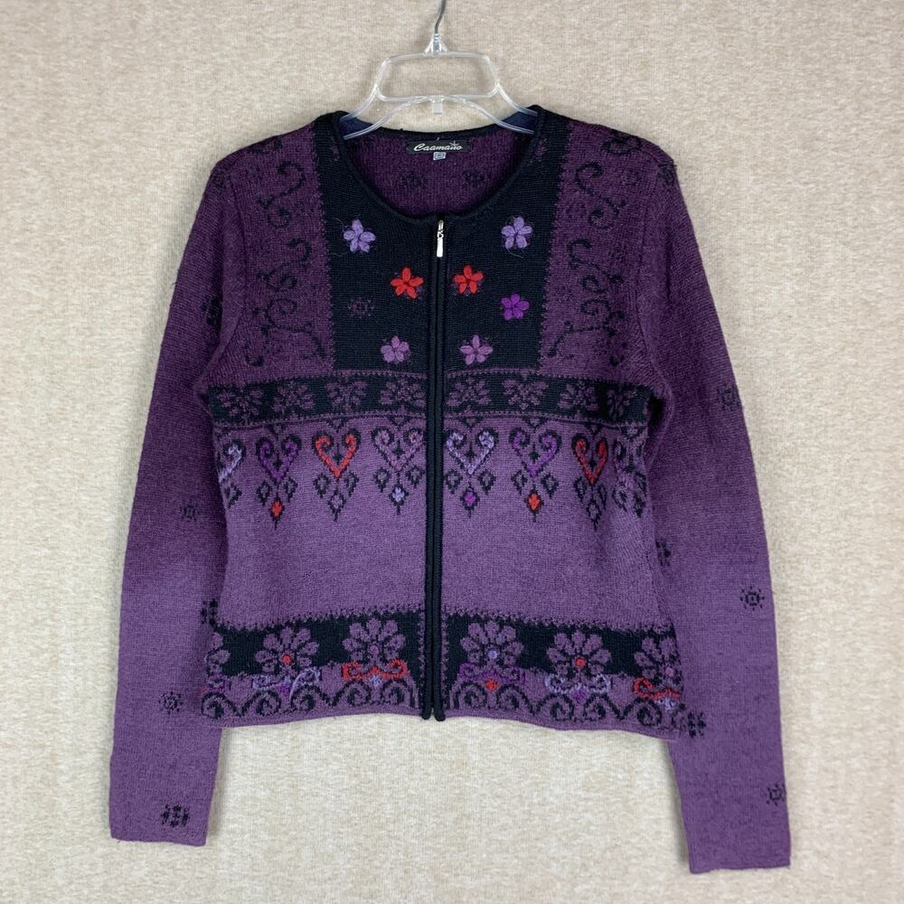 Caamano Sweater S 100% Alpaca Cardigan Purple Peru Hand Knit Floral Fair Isle